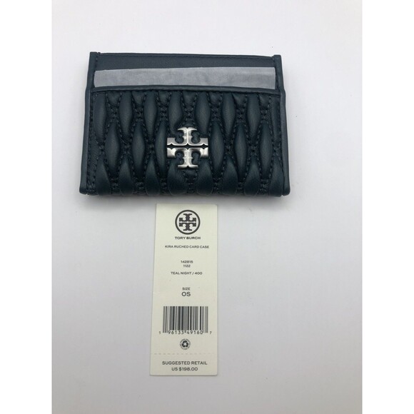 Tory Burch Teal Night Ruched Leather Kira Quilted Card Case Mini Wallet New - Picture 1 of 3